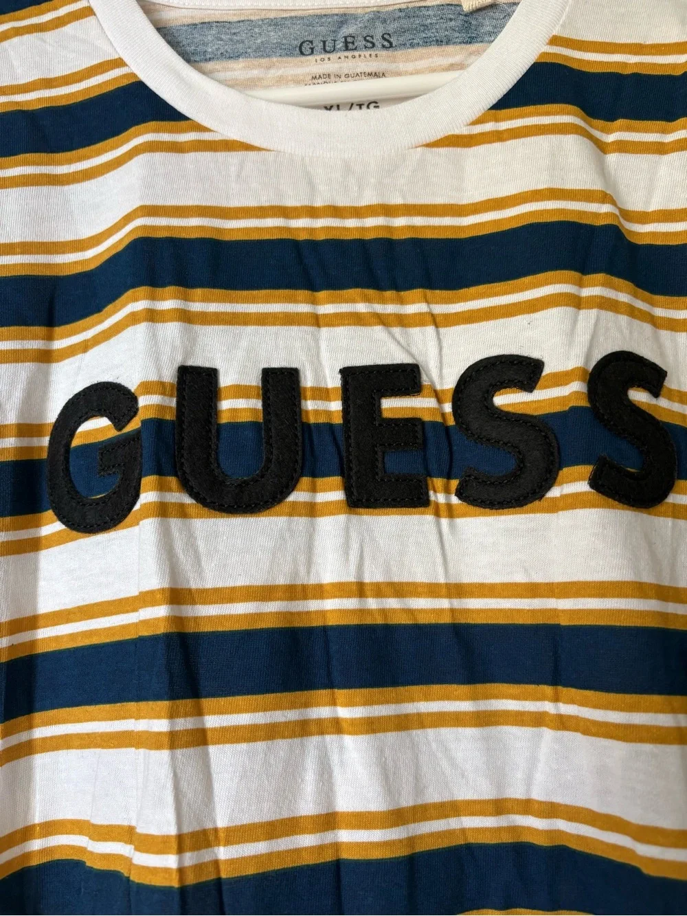 GUESS White Navy & Mustard Striped Logo Tee - Picture 2 of 8